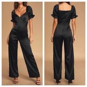Lulus Lustrous Looks Black Satin Puff Sleeve Jumpsuit sz L NWT